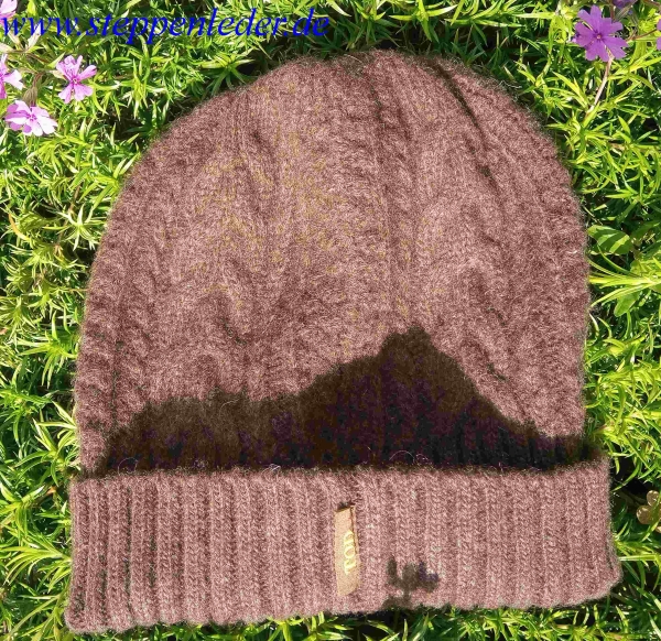 100% Yak-Wolle Mütze dunkelbraun mit Zopfmuster